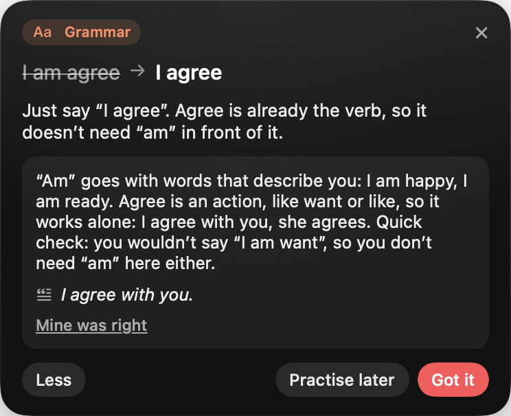 A language tip card: I am agree becomes I agree